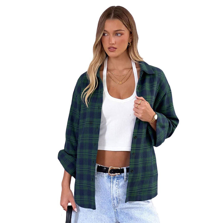 Damen oversized Karo-Hemdjacke mit fallendem Saum und geknöpften Manschetten – Célinea