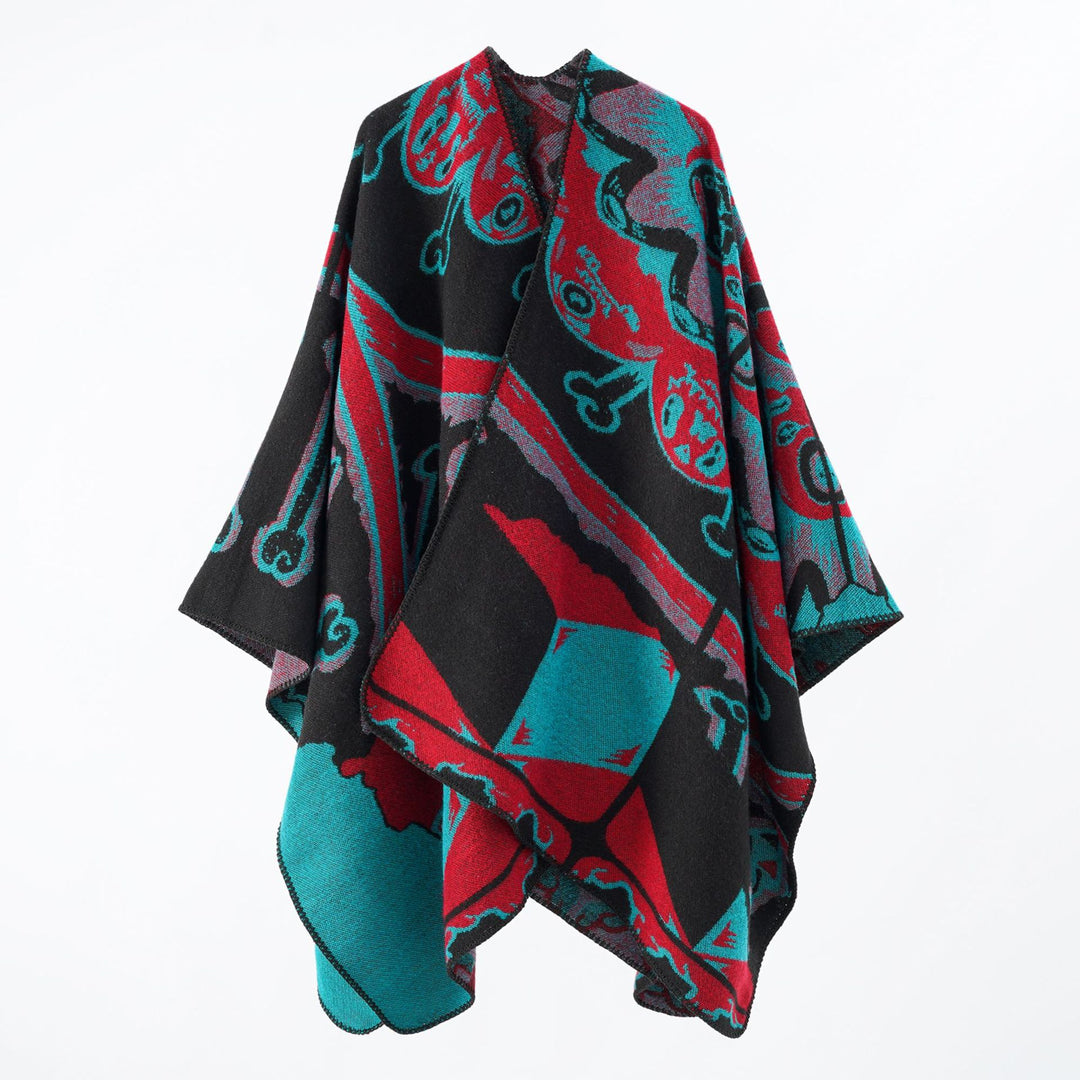 Damen Statement-Capeponcho aus jacquardgewebtem Wollmix mit Skull- und Knochenmuster Echo Archiv