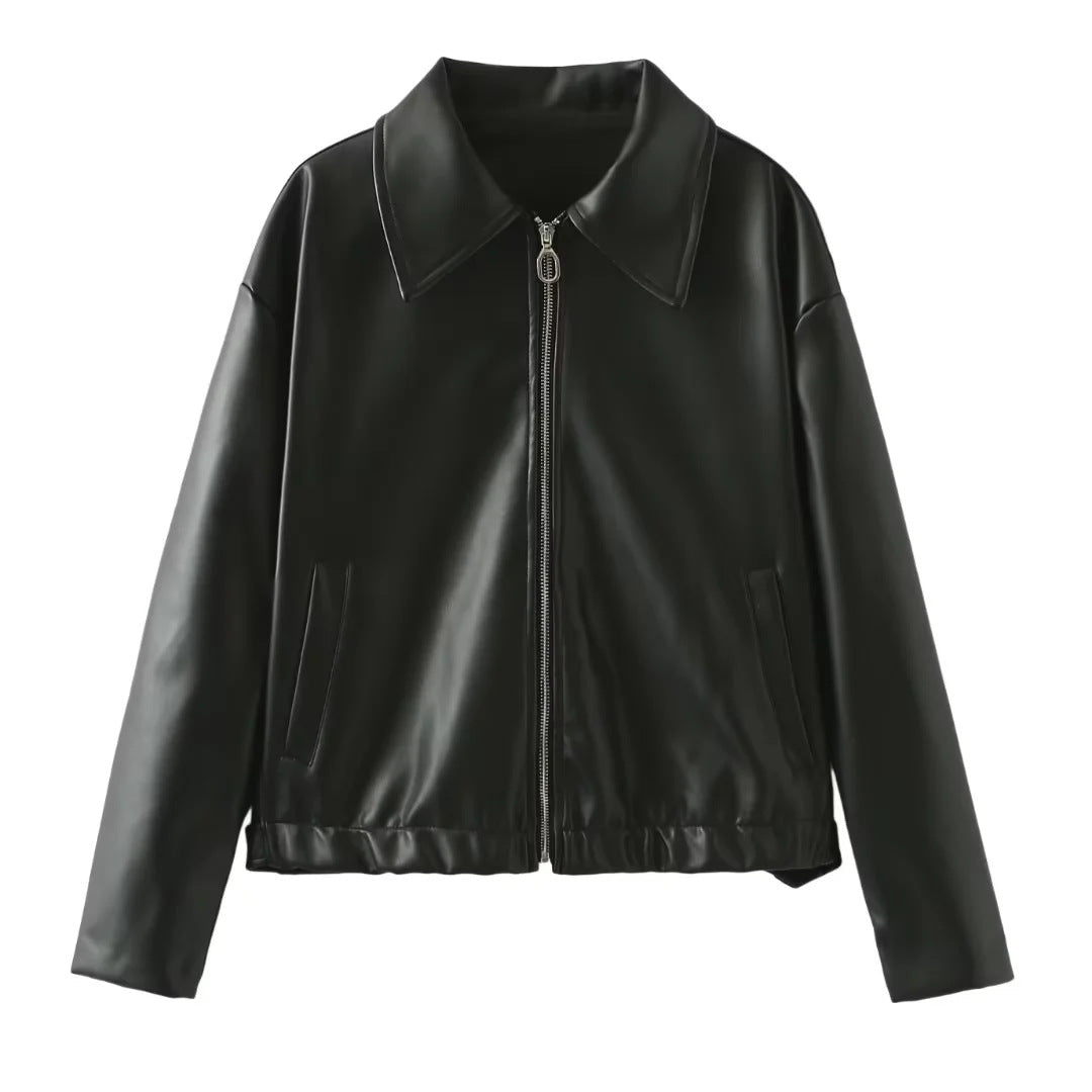 Damen nan kastig geschnittene Kunstlederjacke mit durchgehendem Reißverschluss und elastischem Saum Echo Archiv