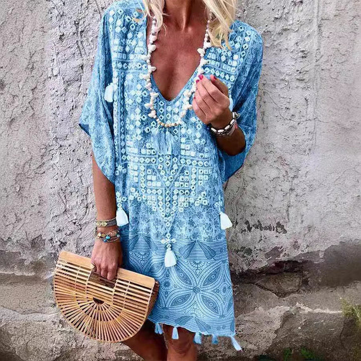 Damen Boho-Chic Kaftan mit V-Ausschnitt und Tassel-Details Echoarchiv