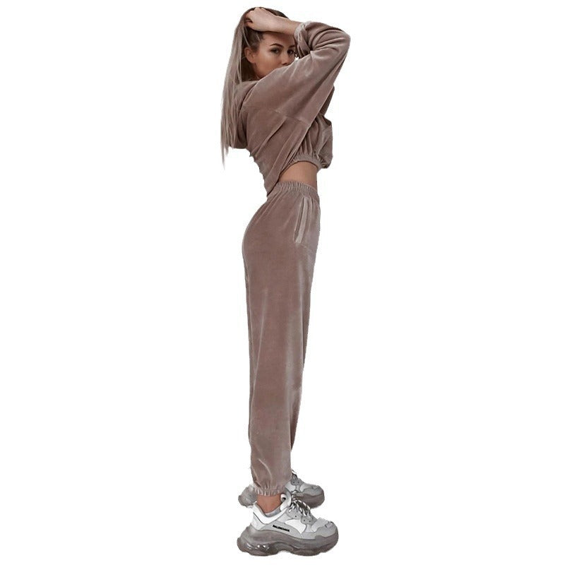 Damen Samt-Cropped-Loungewear-Set mit Kapuzenpullover und elastischer High-Waist-Jogginghose – Auréline
