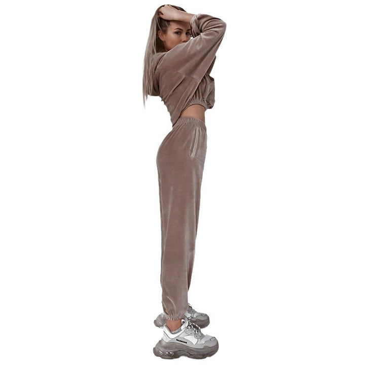 Damen Samt-Cropped-Loungewear-Set mit Kapuzenpullover und elastischer High-Waist-Jogginghose – Auréline
