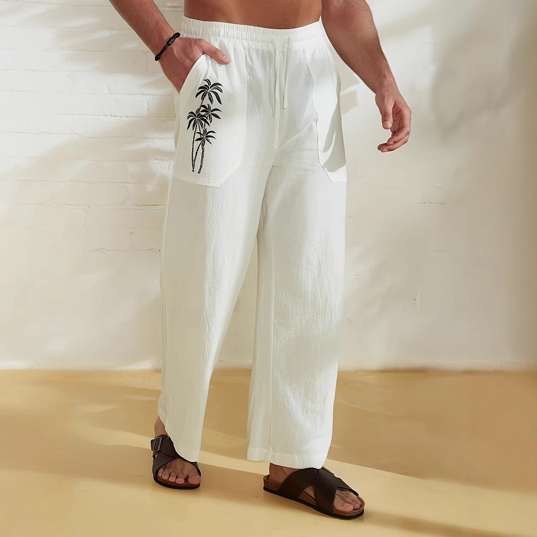Herren Leichte Leinen-Loungehose mit weitem Bein, Kordelzug und aufgesetzten Taschen – Sorevano