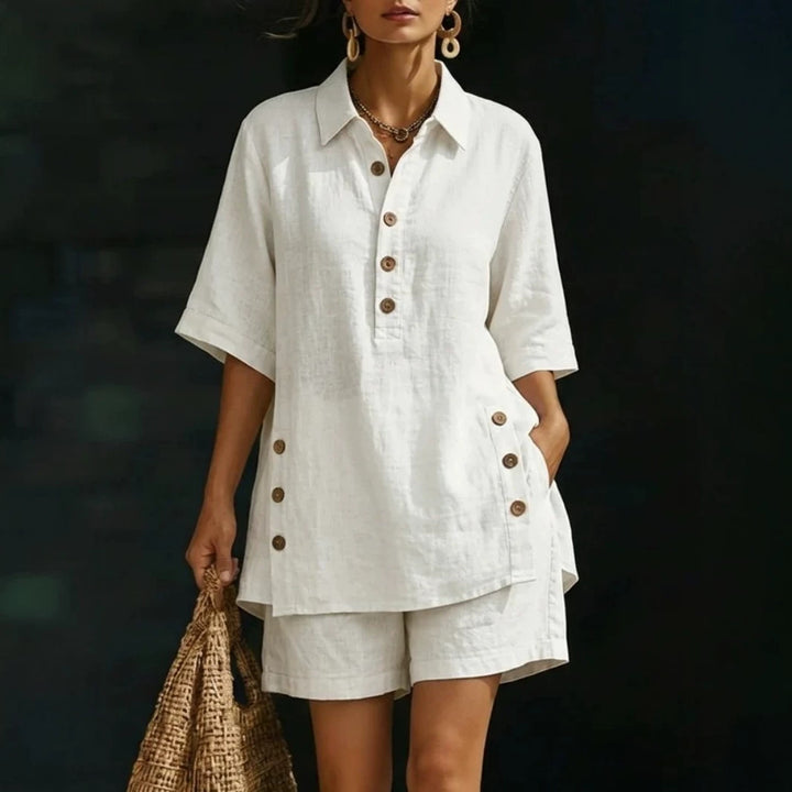 Damen nan luftiges Leinenoptik-Zweiteiler mit Oversize-Hemdbluse, Knopfleiste und Bermuda-Shorts Echo Archiv