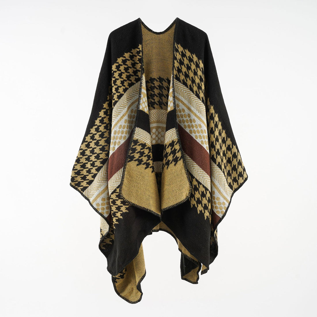 Damen Wohliger Oversize-Umhangponcho aus Wollmix mit Hahnentritt- und Grafikjacquard – Célinea