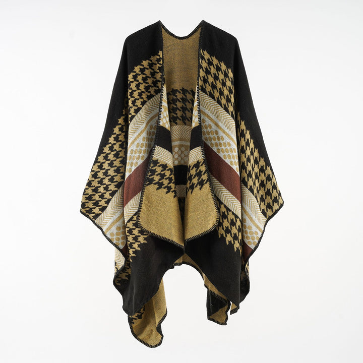 Damen Wohliger Oversize-Umhangponcho aus Wollmix mit Hahnentritt- und Grafikjacquard – Célinea