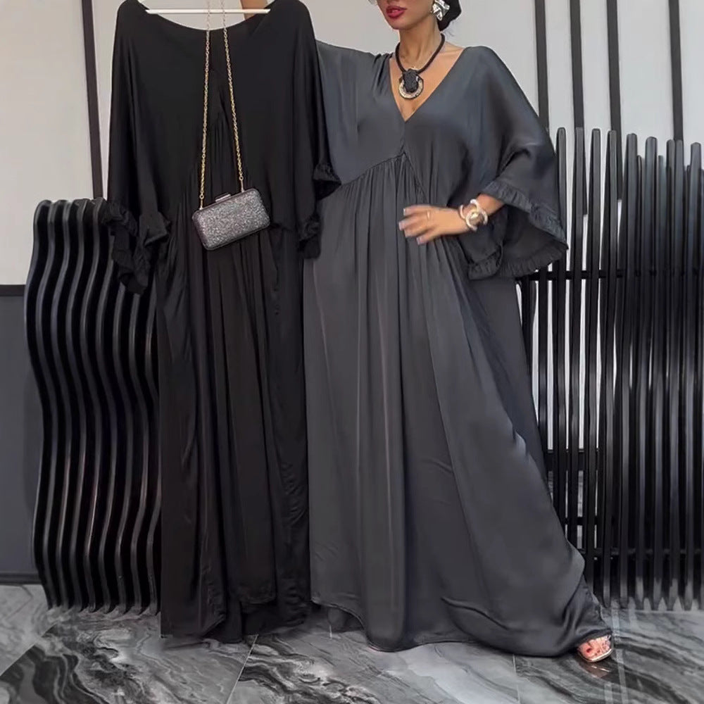 Damen nan Satinoptik Kaftan-Maxikleid mit V-Ausschnitt, geraffter Empirenaht und Volantsärmeln Echo Archiv