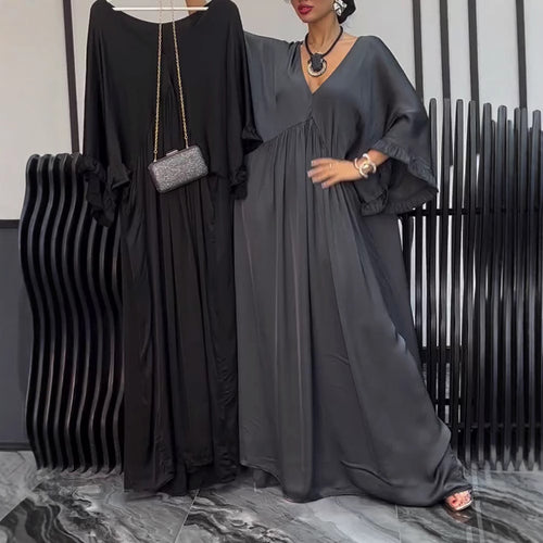 Damen nan Satinoptik Kaftan-Maxikleid mit V-Ausschnitt, geraffter Empirenaht und Volantsärmeln Echo Archiv