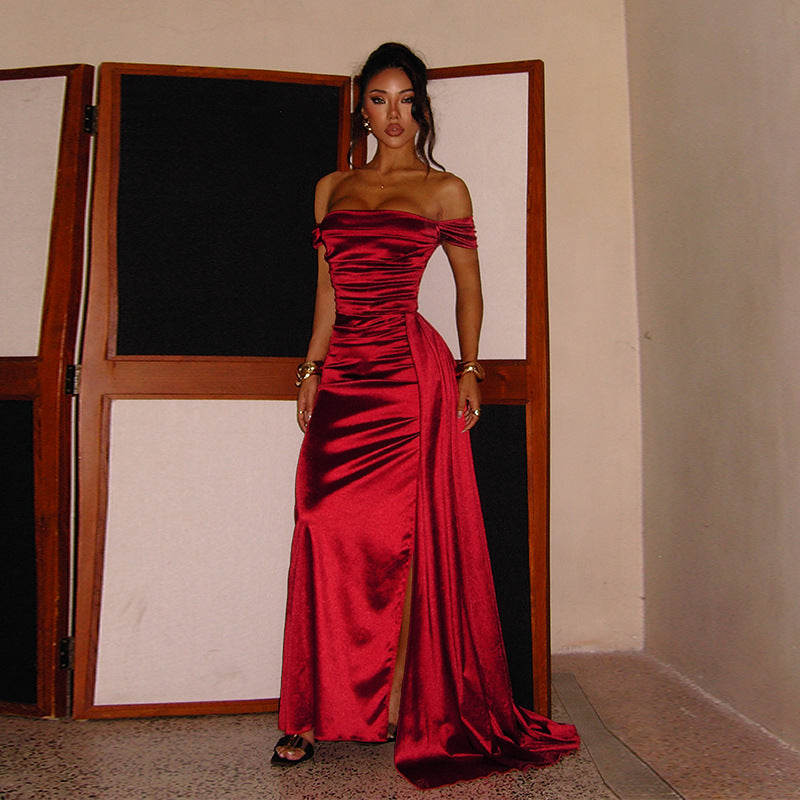 Damen Elegantes Off-Shoulder-Maxikleid aus luxuriösem Satin Echo Archiv