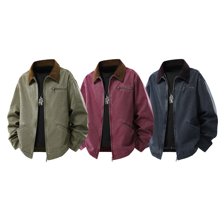Herren gewaschene Baumwoll-Workerjacke mit Cordkragen und Reißverschluss Echo Archiv