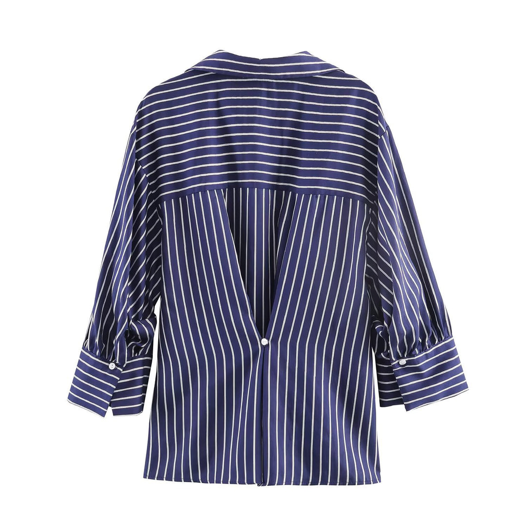 Damen Oversized Hemdbluse mit vertikalen Streifen, Ballonärmeln und breiten Manschetten Echo Archiv