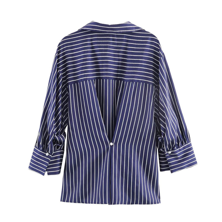 Damen Oversized Hemdbluse mit vertikalen Streifen, Ballonärmeln und breiten Manschetten Echo Archiv