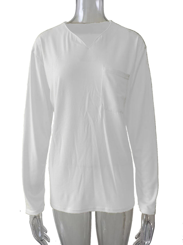 Damen nan legeres Langarmshirt mit V-Notch-Ausschnitt, Brusttasche und lockerer Oversize-Passform Echo Archiv