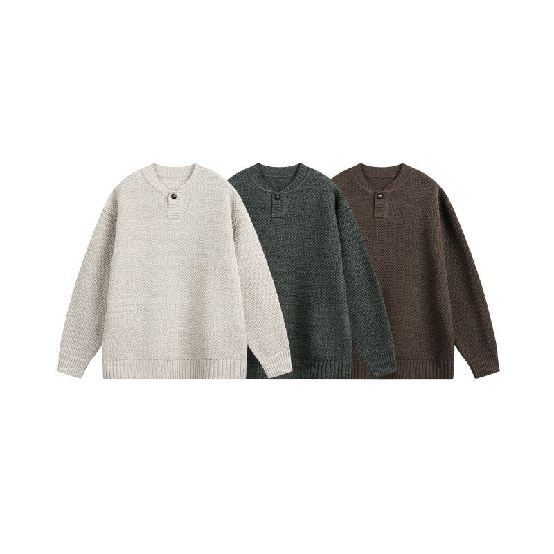 Unisex Strukturierter Strickpullover mit Henley-Knopfleiste Echoarchiv