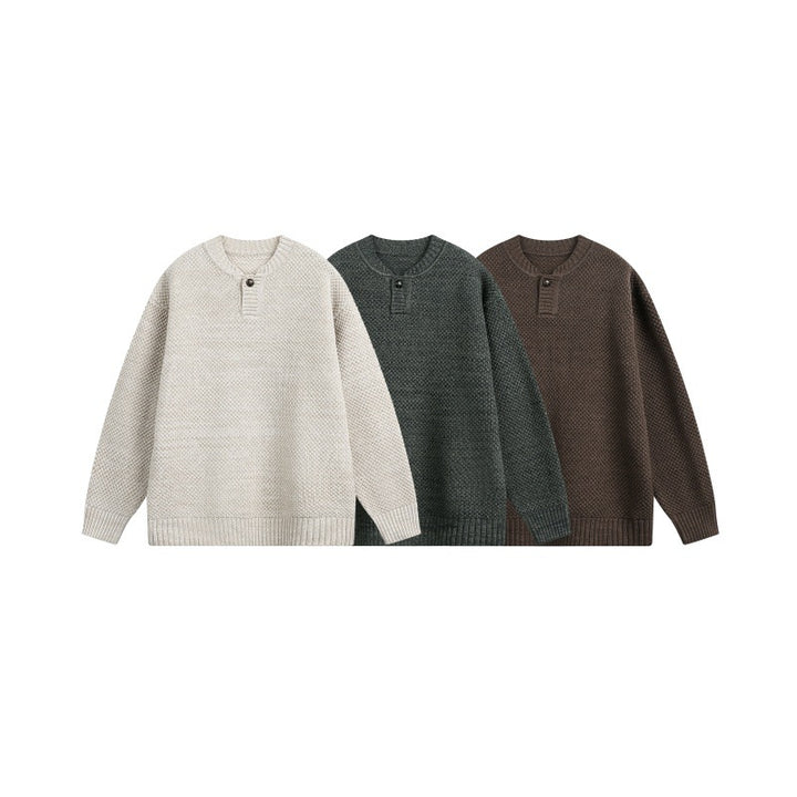 Unisex Strukturierter Strickpullover mit Henley-Knopfleiste Echoarchiv