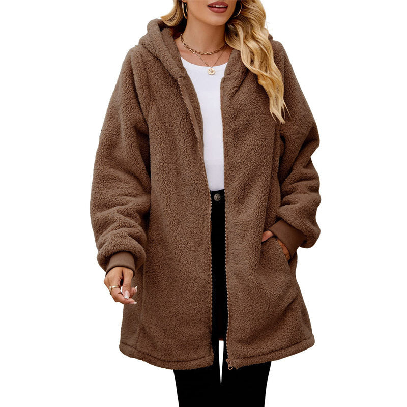 Damen kuschelige Fleecejacke mit Kapuze und Reißverschluss Echoarchiv