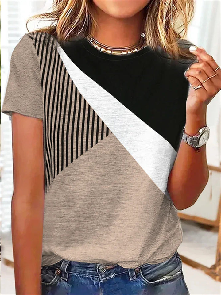 Damen Farbblock Langarmshirt mit schrägem Streifenmuster und Rundhalsausschnitt Echoarchiv