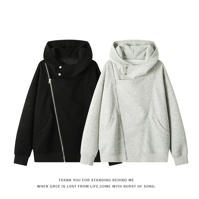 Damen nan asymmetrischer Kapuzenpullover mit hohem Kragen, diagonalem Reißverschluss und Kängurutaschen Echo Archiv