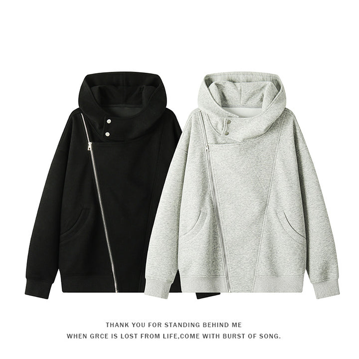 Damen nan asymmetrischer Kapuzenpullover mit hohem Kragen, diagonalem Reißverschluss und Kängurutaschen Echo Archiv
