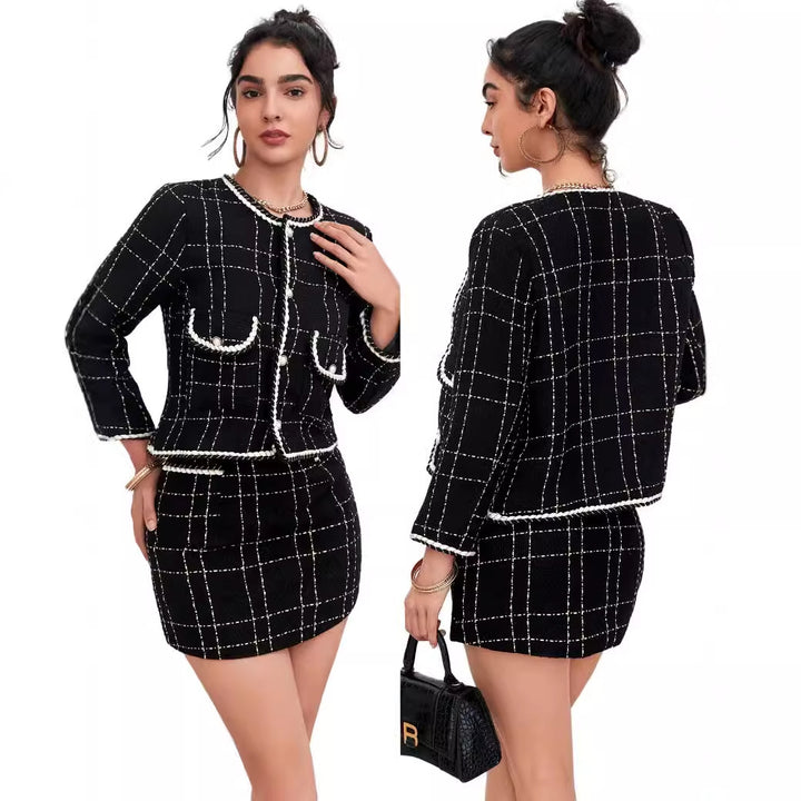 Damen Zweiteiliges Bouclé-Blazer-Set mit Zierstreifen und tailliertem Minirock – Valéne