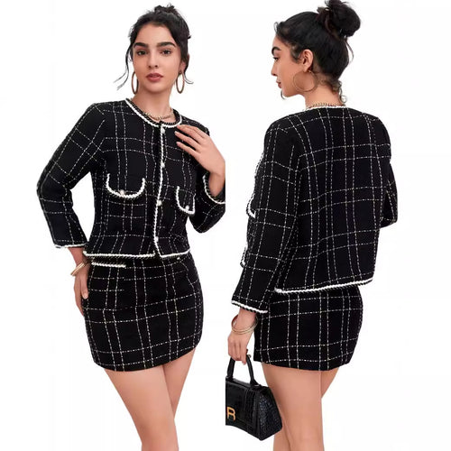 Damen Zweiteiliges Bouclé-Blazer-Set mit Zierstreifen und tailliertem Minirock – Valéne