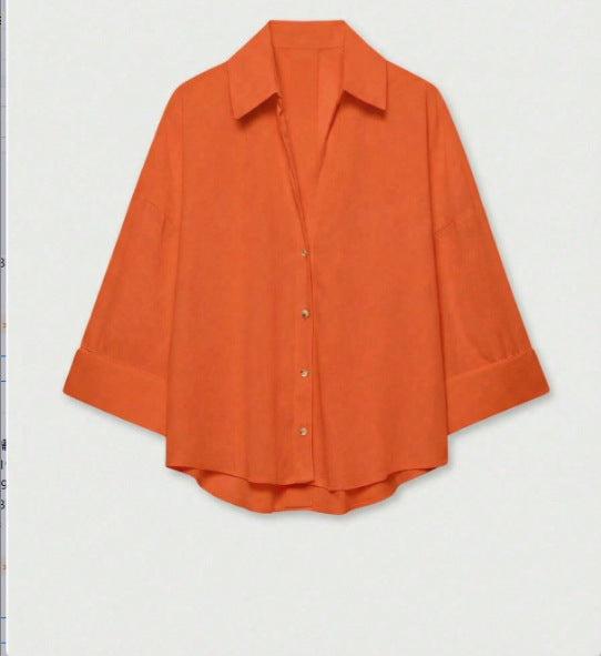 Damen Leichte Oversize Leinenoptik Bluse mit Dreiviertelärmeln und durchgehender Knopfleiste Echoarchiv