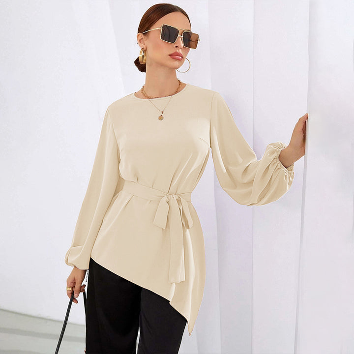 Damen asymmetrische Tunika-Bluse mit Ballonärmeln und Taillengürtel – Élovi