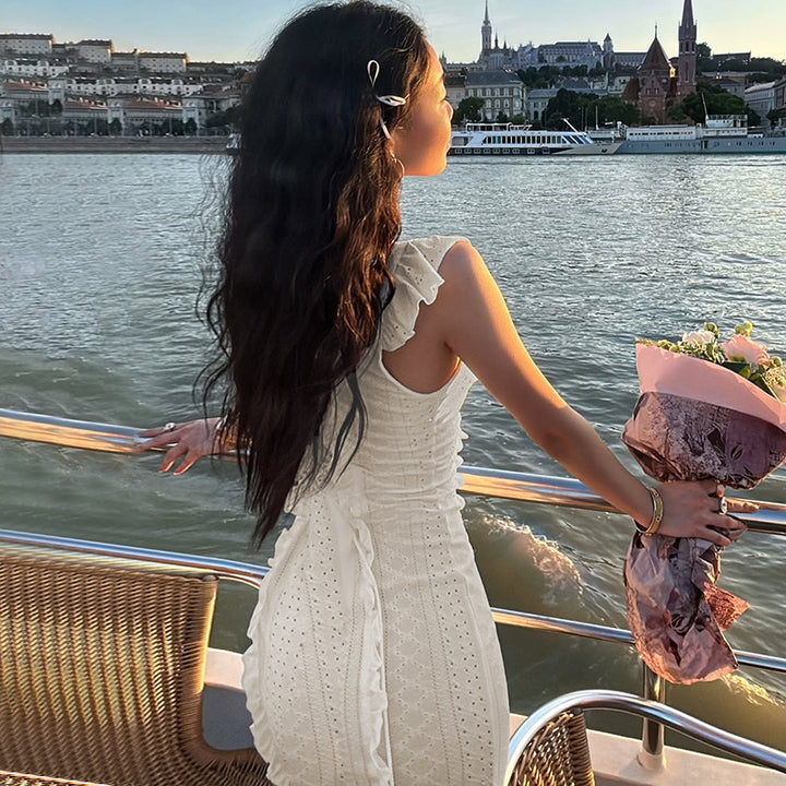 Damen schulterfreies Maxikleid mit Rüschendetails und taillierter Silhouette Echo Archiv