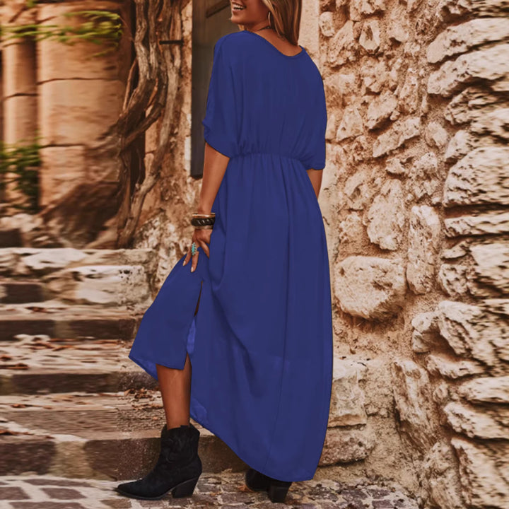 Damen Fließendes Maxikleid mit V-Ausschnitt, elastischem Taillenband und hohem Beinschlitz Echoarchiv