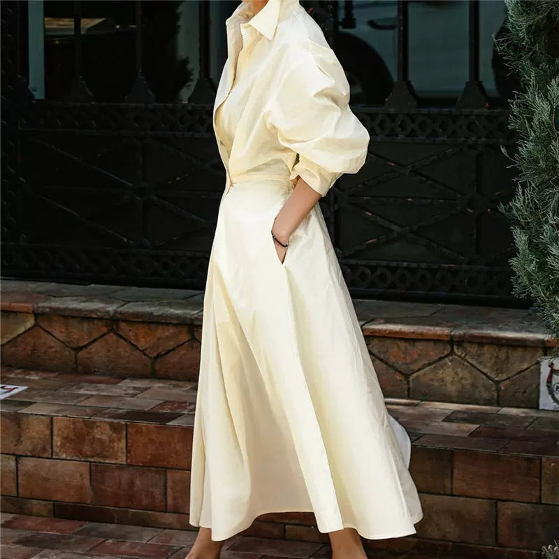 Damen Hemdblusen‑Maxikleid mit taillierter Blouson‑Silhouette, Glockenrock und verdeckten Eingrifftaschen – Valéora