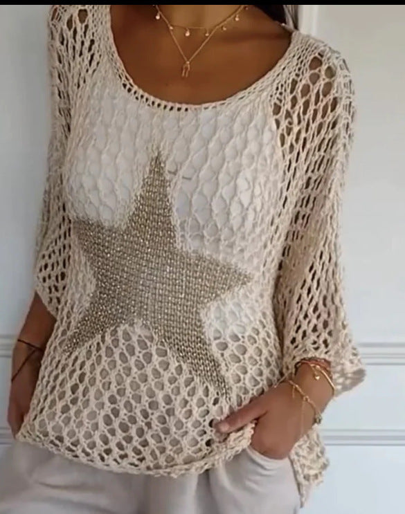 Damen nan oversized gehäkelter Pullover mit Sternapplikation und 3/4-Ärmeln Echo Archiv
