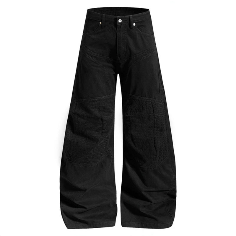 Damen Hochtaillierte weite Denim‑Culottehose mit verstärkten Rippen‑Kniepaneelen und Patch‑Stitching Echoarchiv