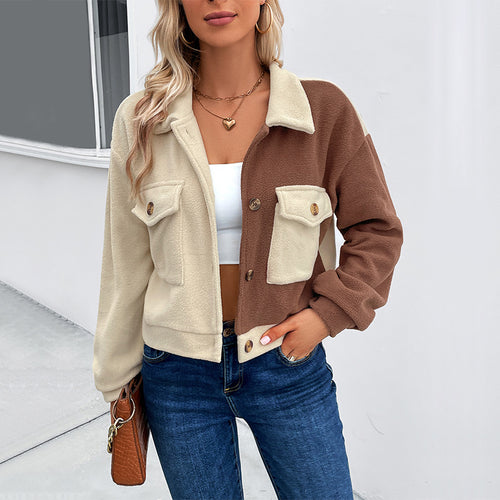 Damen Gekürzte Teddyjacke mit farbblockierten Ärmeln und Brusttaschen Echoarchiv