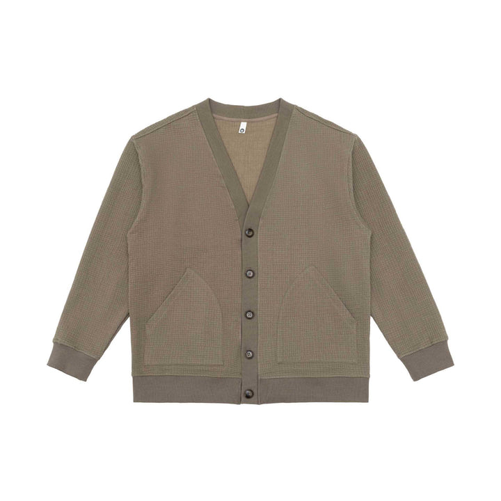 Unisex Waffelstruktur-Cardigan mit V-Ausschnitt, Knopfleiste und aufgesetzten Eingrifftaschen Echoarchiv