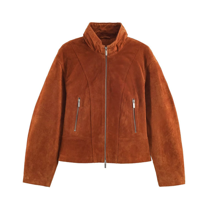 Damen Kurz geschnittene Wildlederjacke im Blouson‑Stil mit taillierten Abnähern und Metallreißverschlüssen Echo Archiv