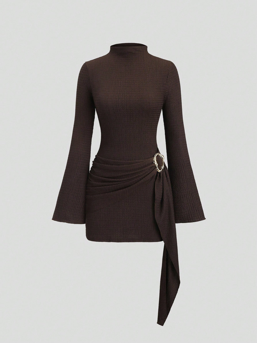 Damen nan figurbetontes Strick-Minikleid mit Stehkragen, Trompetenärmeln und seitlichem Drapé mit Zierring Echo Archiv