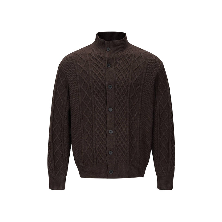 Herren Strickcardigan mit Zopfmuster, Stehkragen und knöpfbarer Front Echoarchiv