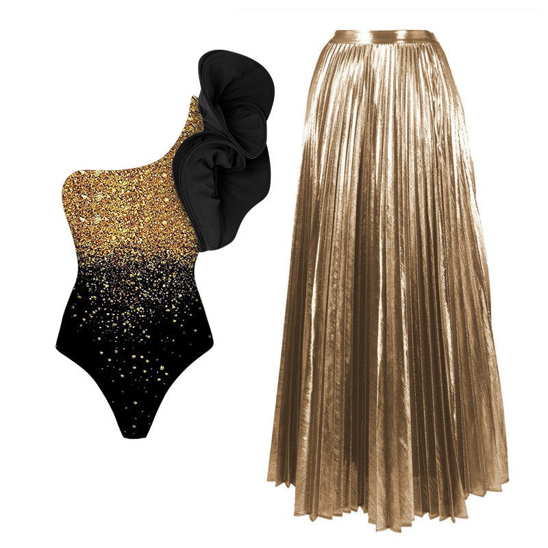 Damen Elegantes Glitzerndes Badeanzug- und Rock-Set Echo Archiv