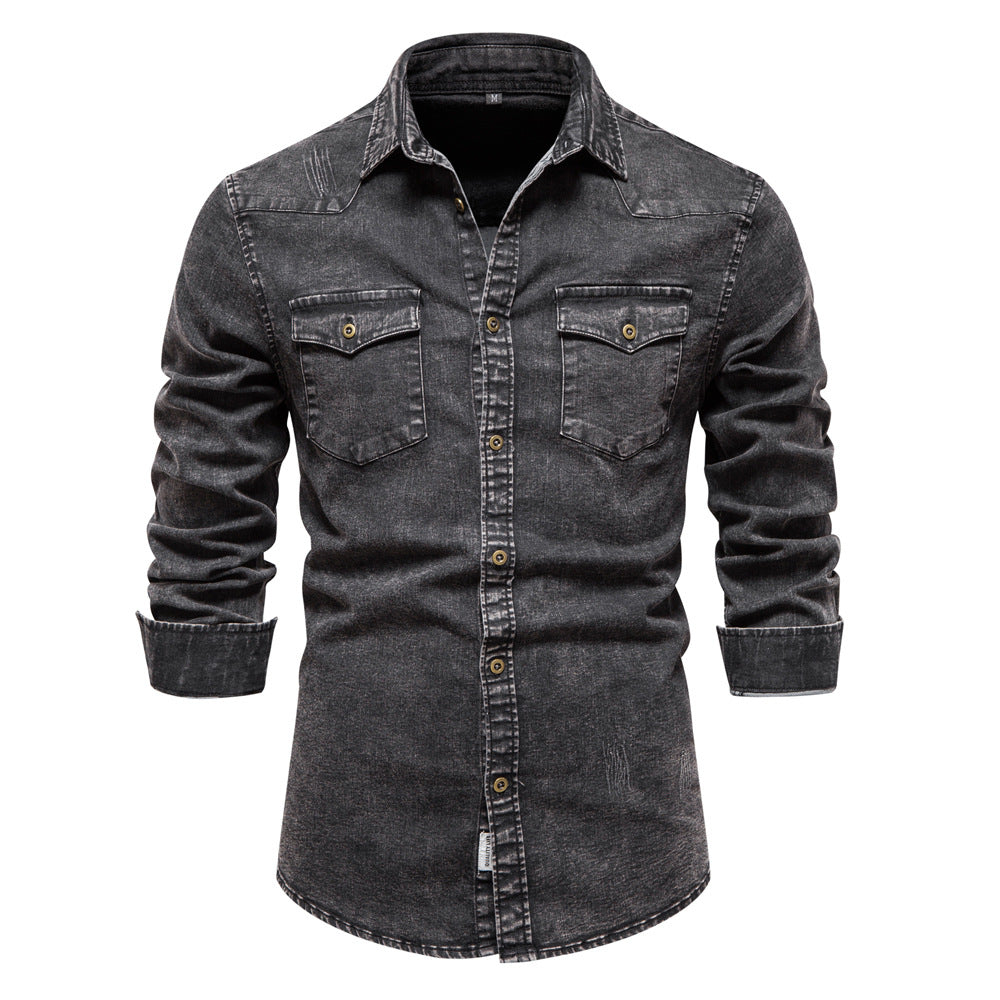 Herren Denim Hemdbluse mit zwei Brusttaschen und geschmackvollen Stickereien Echoarchiv