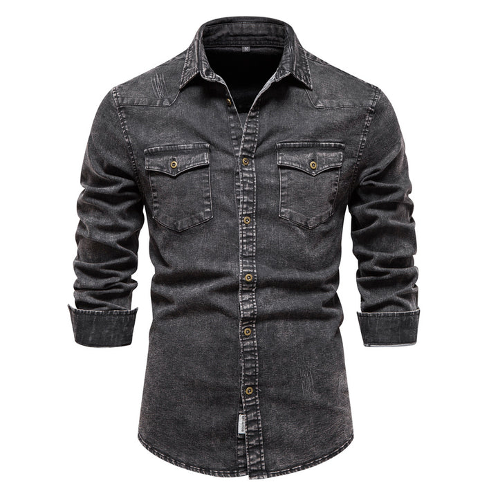 Herren Denim Hemdbluse mit zwei Brusttaschen und geschmackvollen Stickereien Echoarchiv