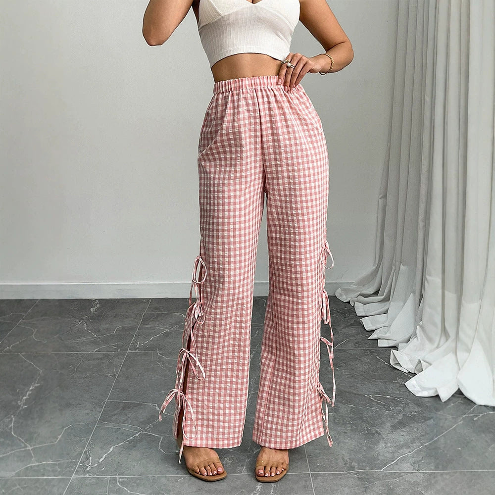 Damen High‑Waist Leinenoptik-Hose mit Gingham-Karo, weitem Bein & seitlichen Bändchen-Details Echoarchiv