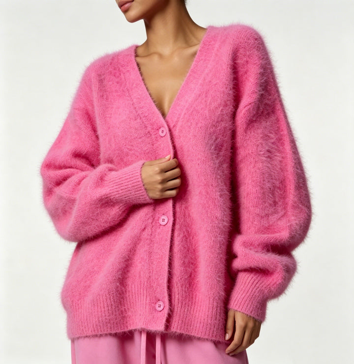 Damen Flauschiger Oversize-Knopfcardigan mit tiefem V-Ausschnitt und Eingrifftaschen – Veloura