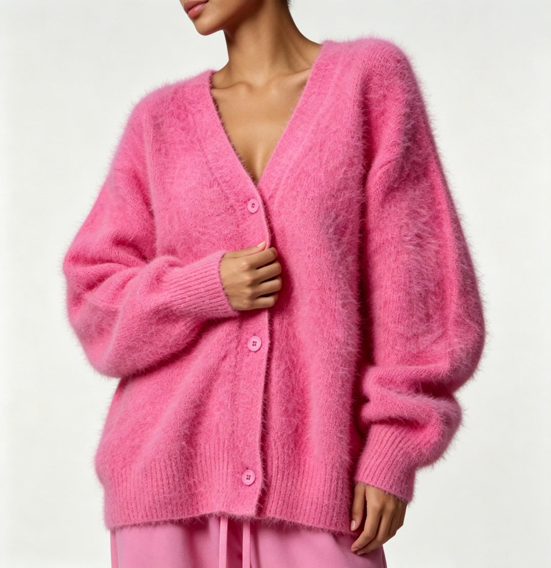 Damen Kuscheliger Oversize-Cardigan aus Teddy-Strick mit tiefem V-Ausschnitt – Veloura