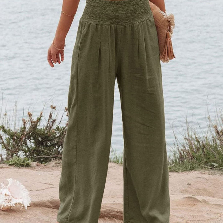 Damen Weite Leinenhose mit Elastischem Bund und Falten Echoarchiv