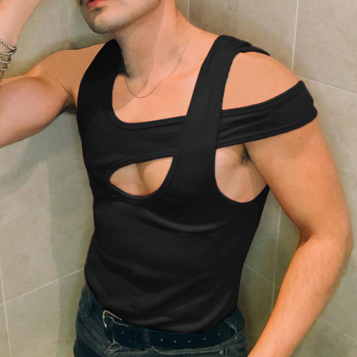Herren nan asymmetrisches ärmelloses Tanktop mit ausgeschnittenem Einsatz aus Baumwoll-Elasthan Echo Archiv