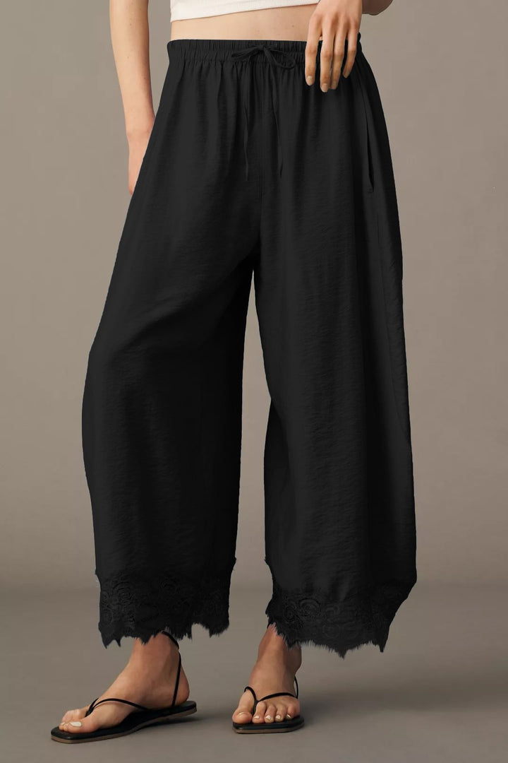Damen Weite Palazzo-Hose mit elastischem Tunnelzugbund und Spitzenbesatz Echo Archiv