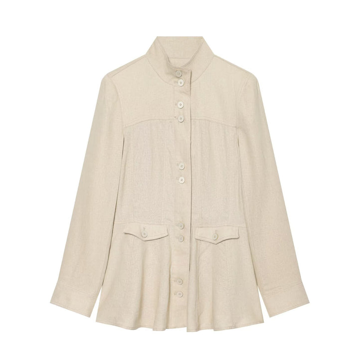 Damen Leichte Leinenoptik Hemdjacke mit Stehkragen, Knopfleiste und ausgestelltem Saum Echo Archiv