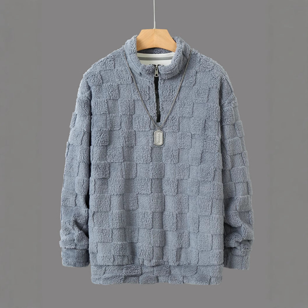 Herren karierter Sherpa-Halbzip-Pullover mit hohem Stehkragen und weicher Teddy-Fleece-Qualität – Cavarno