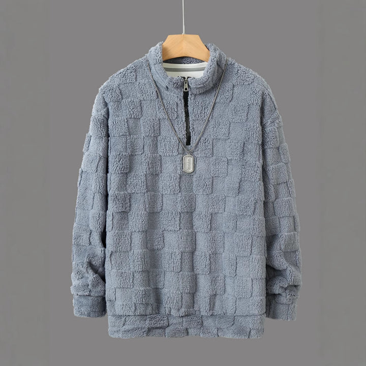 Herren karierter Sherpa-Halbzip-Pullover mit hohem Stehkragen und weicher Teddy-Fleece-Qualität – Cavarno