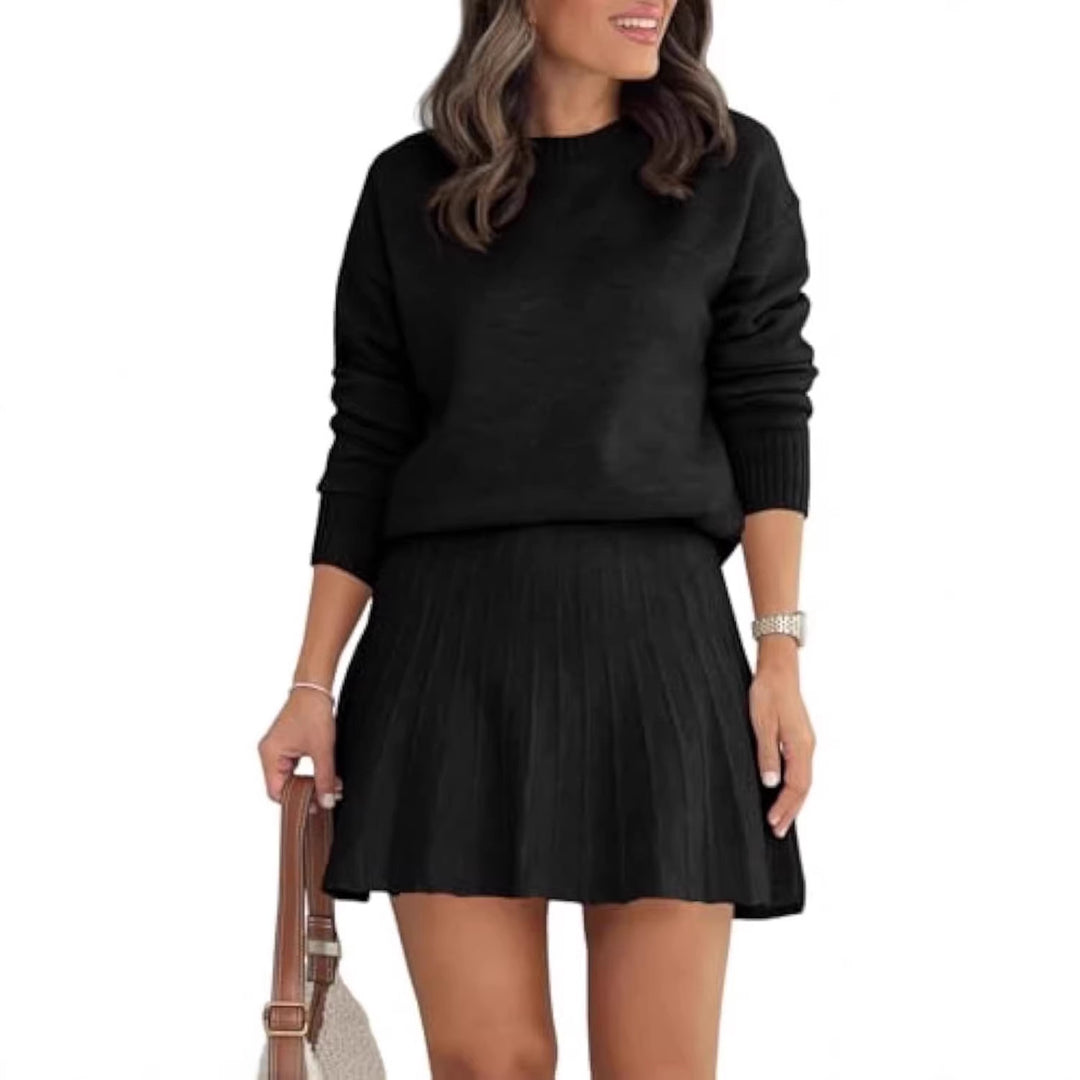 Damen Zweiteiliges Strick-Set mit Rundhals-Pullover und Plissée-Minirock – Élanora